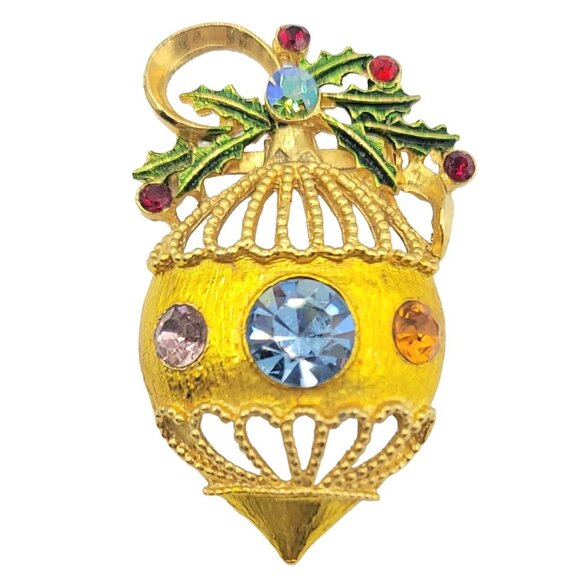 Gold-Tone Rhinestone Christmas Bulb Holly Ornament Brooch Pin - Picture 1 of 8